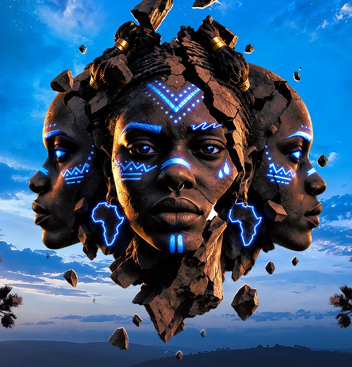 Ak'lalwa Ekhaya theme artwork: three clay faces with electric-blue markings against a blue sky