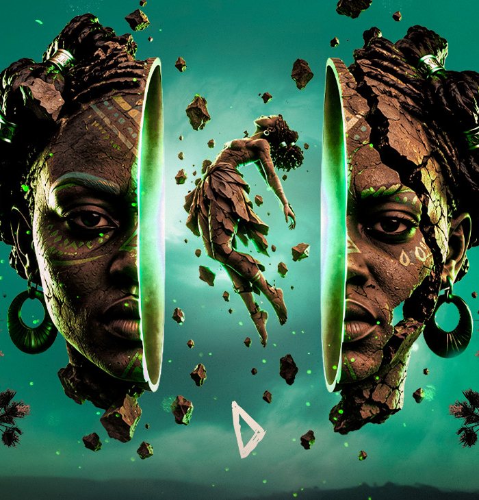 Maziwe Ke theme artwork: a clay face split open by an emerald portal, a dancer floating between the halves