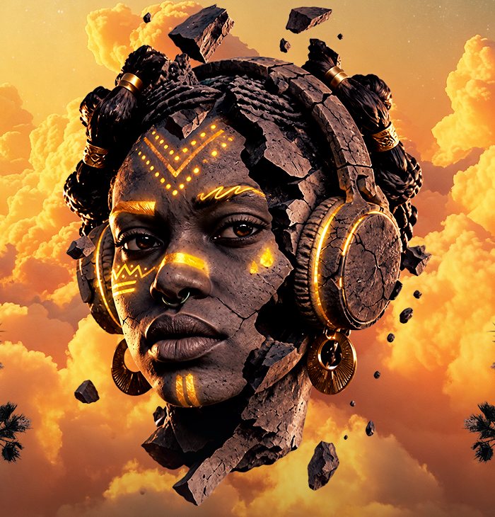 Yanoz Club theme artwork: a cracked clay face wearing gold-lit headphones against amber clouds